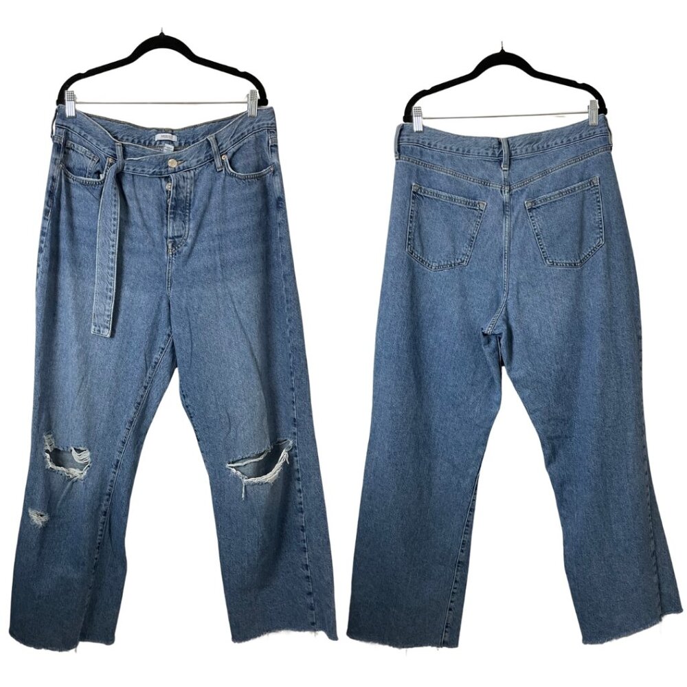 F21 Premium Wide Leg Jeans Size 12 31 14 32 Distressed High Rise Belted Denim